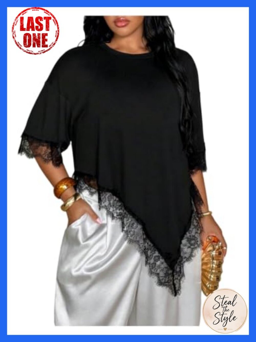 Plus Size Asymmetrical Lace Trim T-Shirt, Short Sleeve Casual Tee